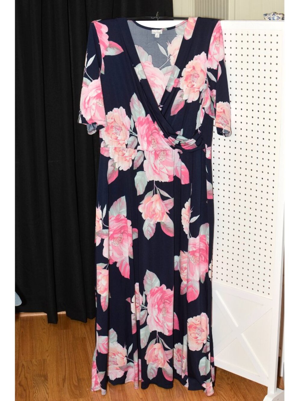 Plus Size 3X Olivia Matthews Navy Blue Pink Floral Faux Wrap Maxi Dress